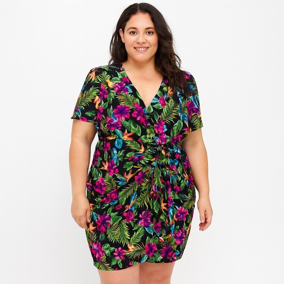 Forever 21 Plus Size 3X Tropical Floral Mini Dress Puff Sleeve Square Neckline - Picture 1 of 6